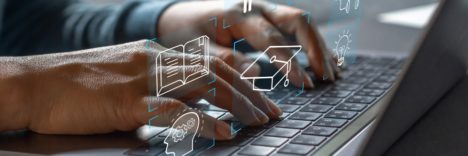 hands on a laptop with a tech overlay