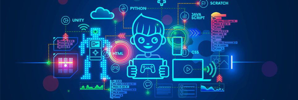 illustrative child with tech overlay and video game controller