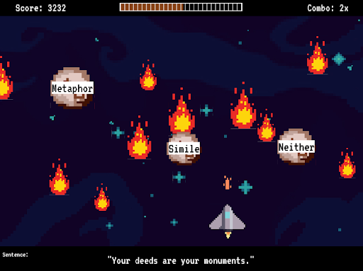 a pixelateed rocket shooting at meteors