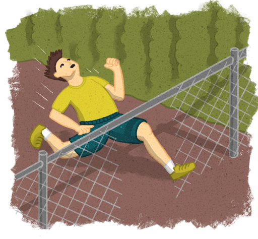 a person running through a cutout in a metal fence