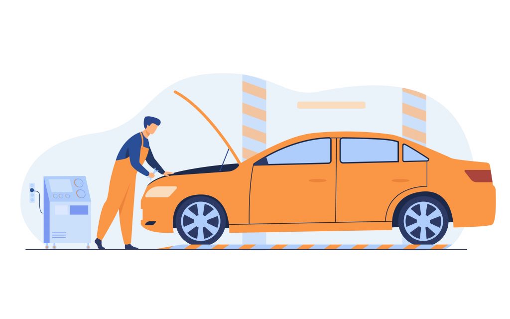 Auto mechanic repairing vehicle engine isolated flat vector illustration. Cartoon man fixing or checking car with open hood in garage. Service and maintenance concept