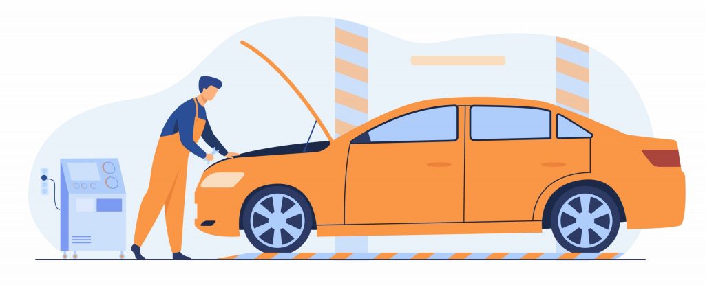 Auto mechanic repairing vehicle engine isolated flat vector illustration. Cartoon man fixing or checking car with open hood in garage. Service and maintenance concept